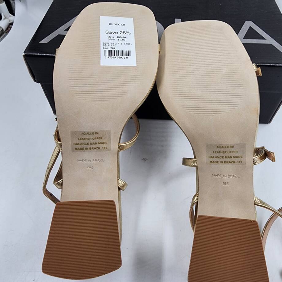 AQUA Allie Strappy Buckled Mid Heel Sandals Women's 9M Gold Open Square Toe