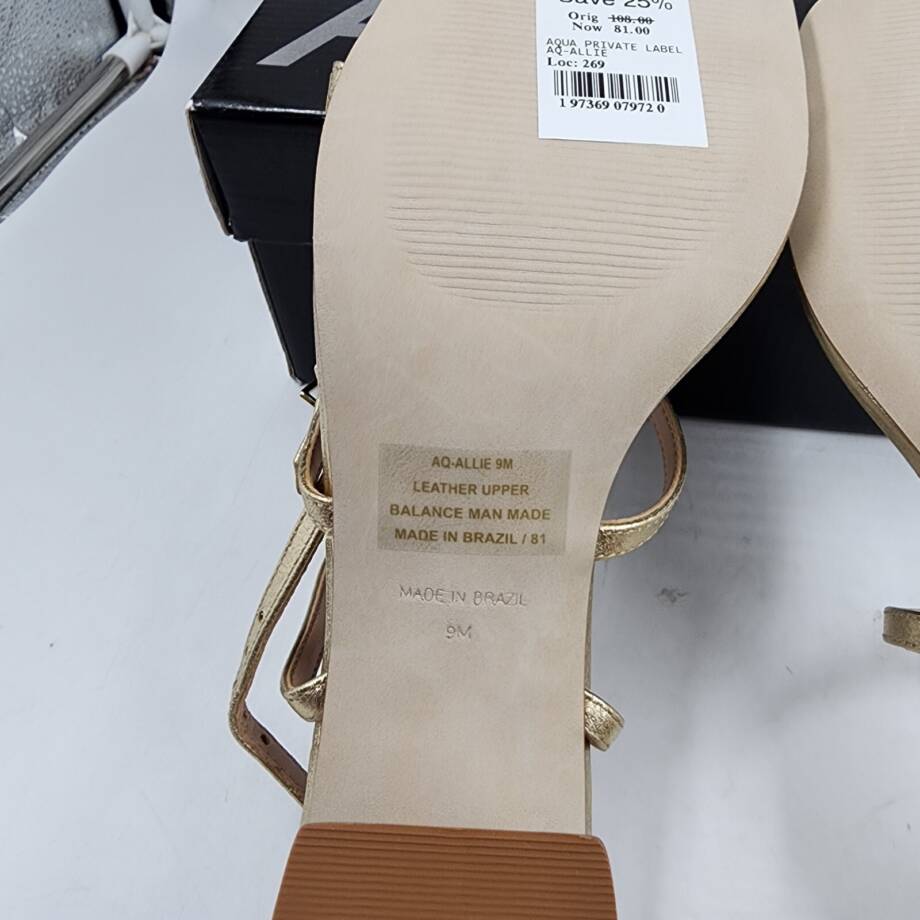 AQUA Allie Strappy Buckled Mid Heel Sandals Women's 9M Gold Open Square Toe