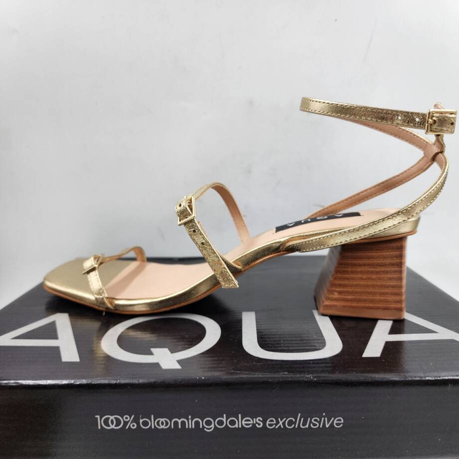 AQUA Allie Strappy Buckled Mid Heel Sandals Women's 9M Gold Open Square Toe