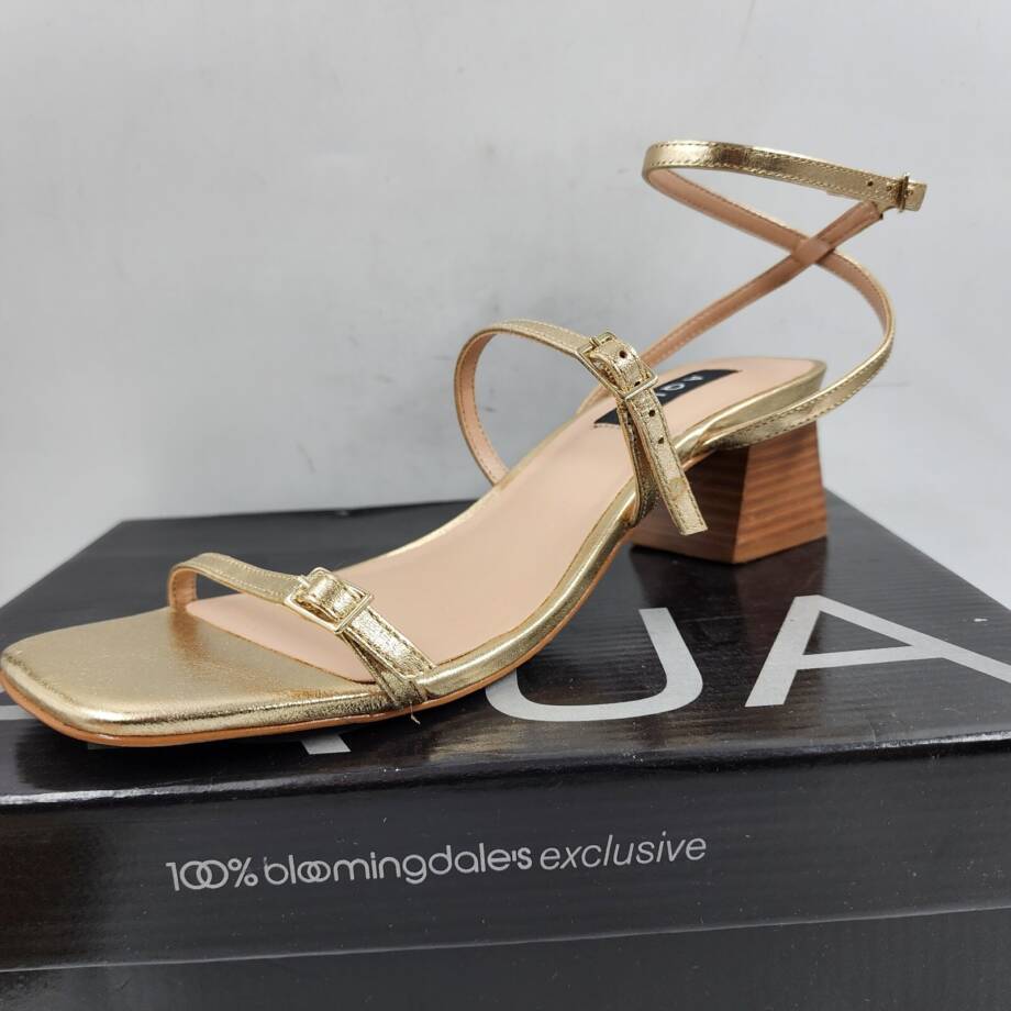 AQUA Allie Strappy Buckled Mid Heel Sandals Women's 9M Gold Open Square Toe