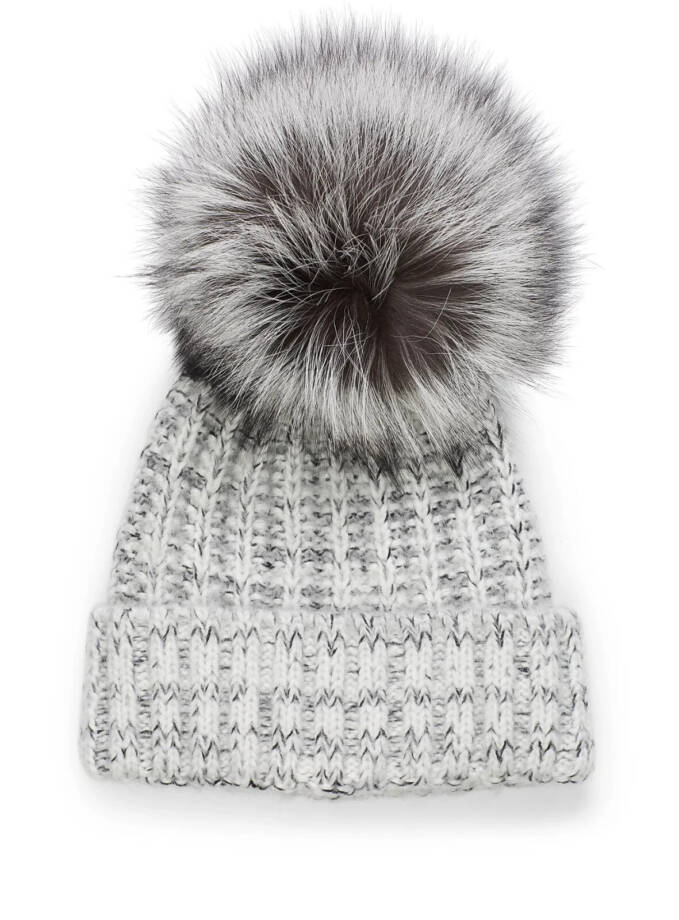 Kyi Kyi Fold-Up Fox Fur Pom Beanie Women's One Size Silver Tight-Knit