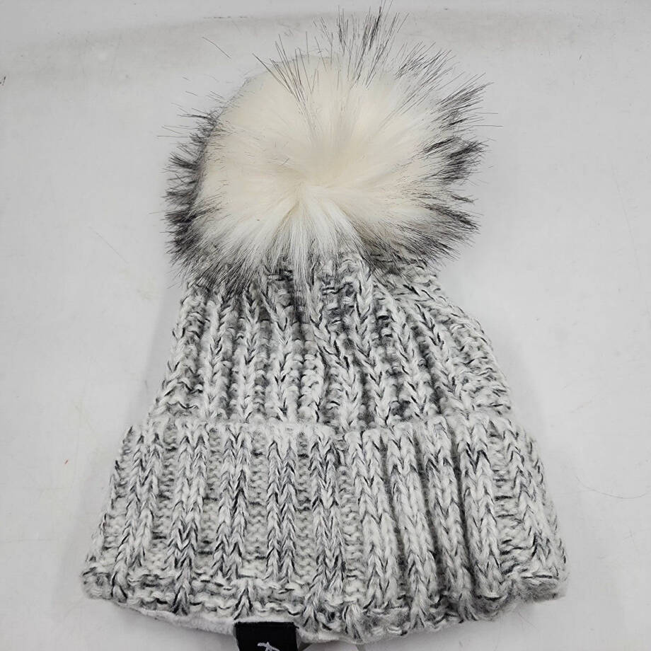 Kyi Kyi Fold-Up Fox Fur Pom Beanie Women's One Size Silver Tight-Knit