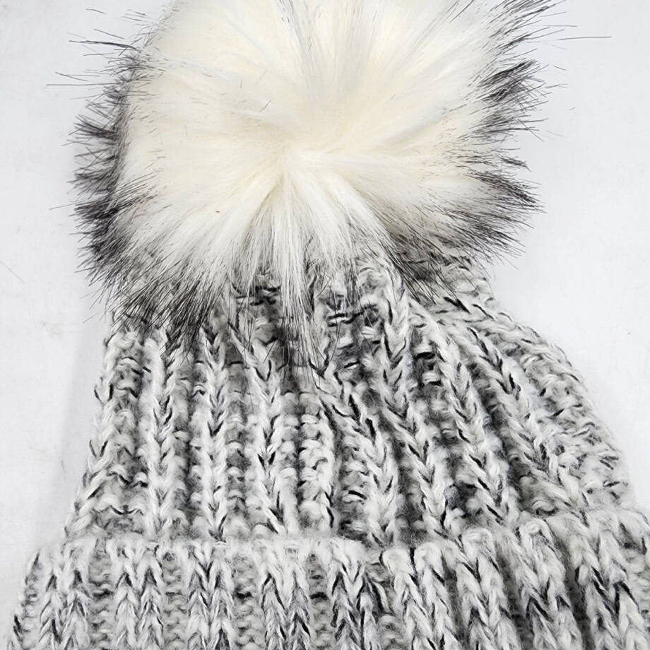 Kyi Kyi Fold-Up Fox Fur Pom Beanie Women's One Size Silver Tight-Knit