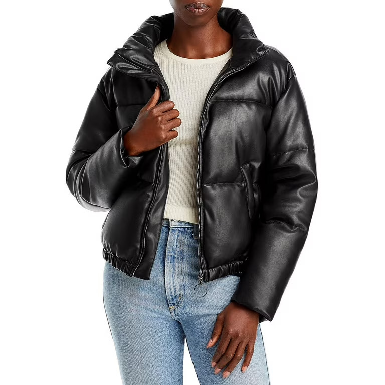 AQUA Faux Leather Full Zip Puffer Jacket Women's XL Black Solid Side Pockets L/S