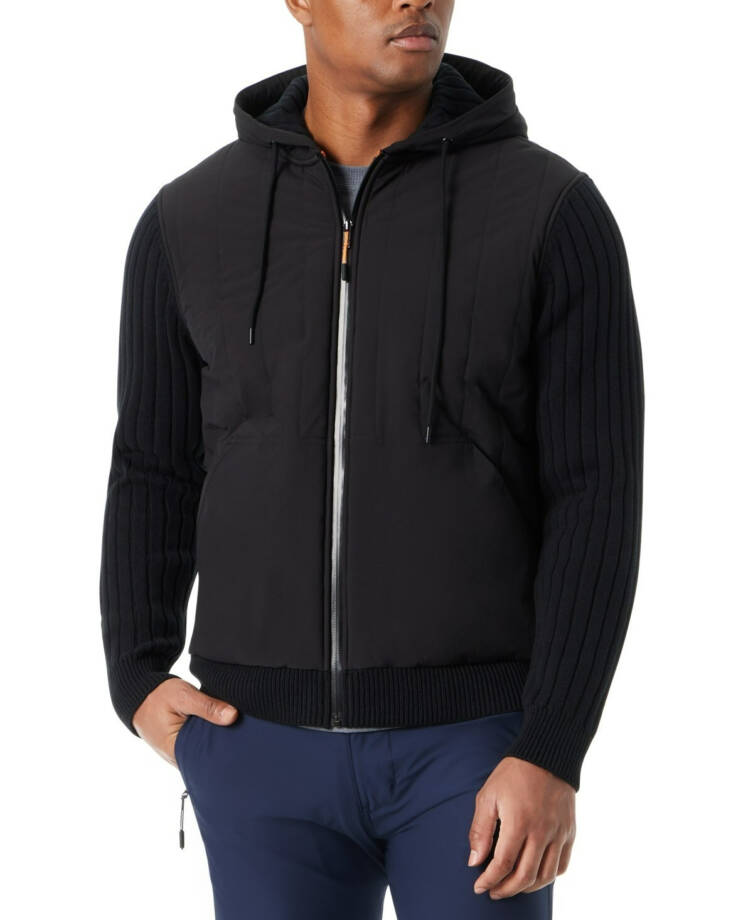 BASS OUTDOOR Mixed Media Zip-Front Hooded Sweater Jacket Men's M Black Pockets