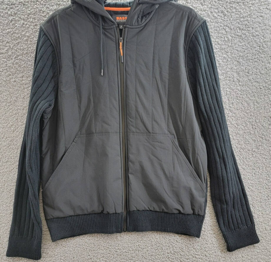 BASS OUTDOOR Mixed Media Zip-Front Hooded Sweater Jacket Men's M Black Pockets