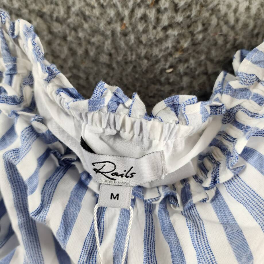 Rails Caralyn Stripe Ruffle Trim Dress Women's M White/Blue Shoulder Tie Closure