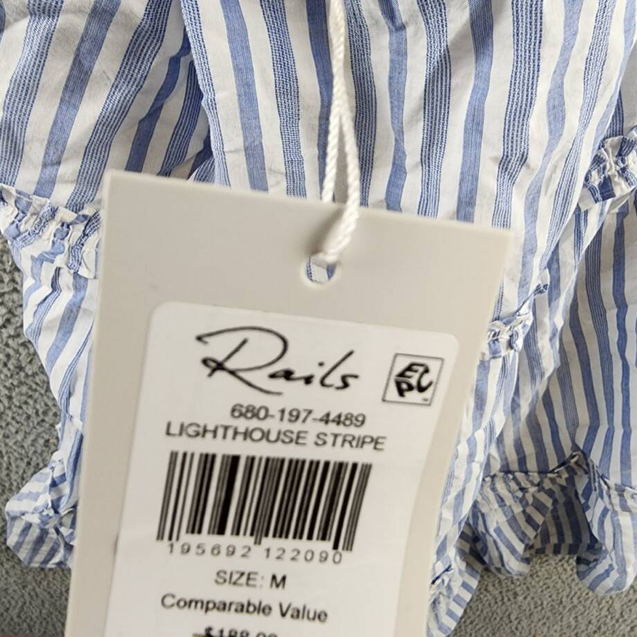 Rails Caralyn Stripe Ruffle Trim Dress Women's M White/Blue Shoulder Tie Closure
