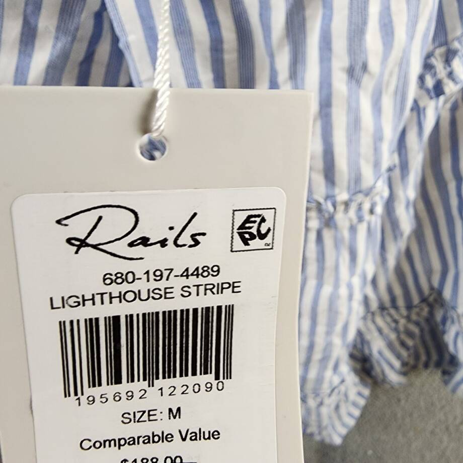 Rails Caralyn Stripe Ruffle Trim Dress Women's M White/Blue Shoulder Tie Closure