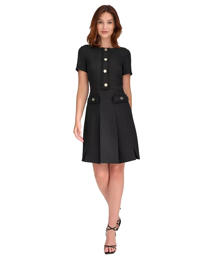 Tommy Hilfiger Round-Neck Fringe-Trim Dress Women's 12 Black Back Zip Closure
