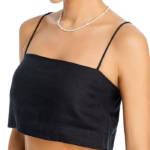 Faithfull the Brand Bayu Cropped Linen Top Womens 4 Black Straight Neck Pullover