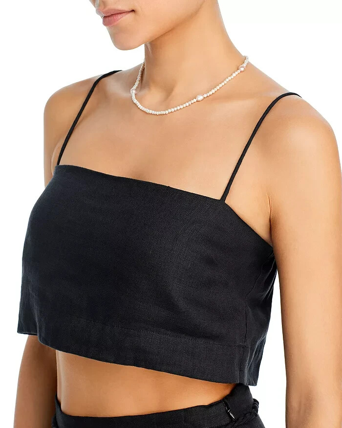 Faithfull the Brand Bayu Cropped Linen Top Womens 4 Black Straight Neck Pullover
