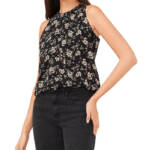 Vince Camuto High Neck Sleeveless Top Women's XS Rich Black Multi Button Closure