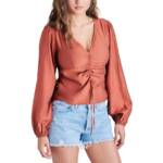 Steve Madden Felicity Top Women's S Burnt Caramel Ruched V-Neck Pullover L/S