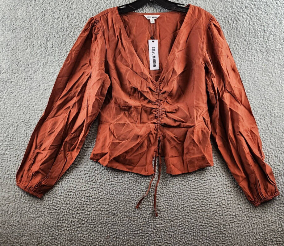 Steve Madden Felicity Top Women's S Burnt Caramel Ruched V-Neck Pullover L/S