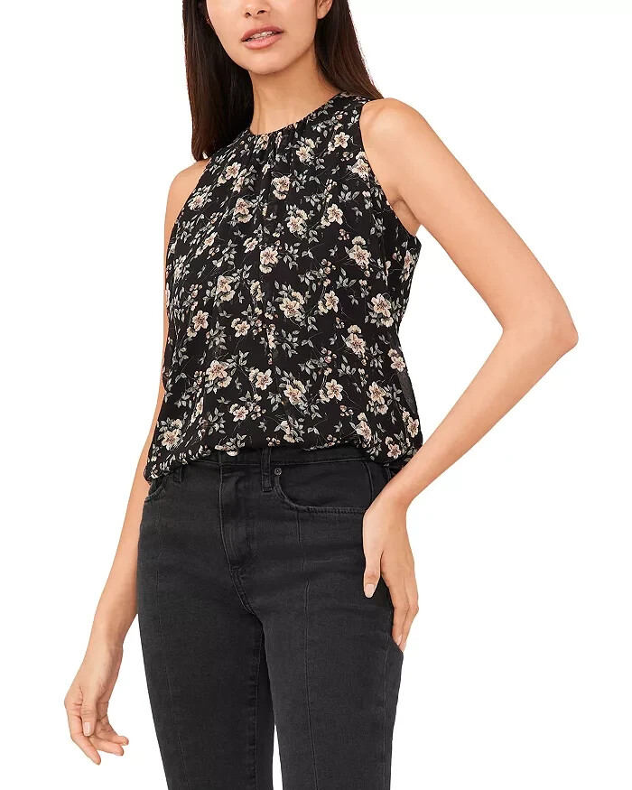 VINCE CAMUTO High Neck Sleeveless Top Women's S Black Multi Floral Button Back