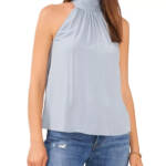 1.STATE Textured Sleeveless Halter Top Women's M Dusty Blue Tie Back Closure