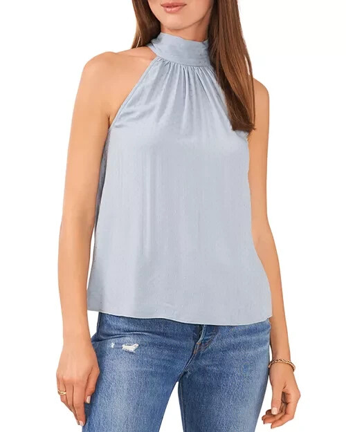 1.STATE Textured Sleeveless Halter Top Women's M Dusty Blue Tie Back Closure