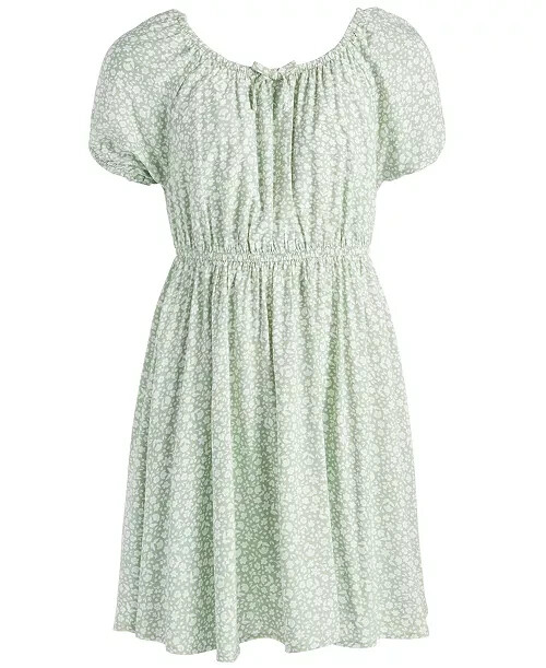 Epic Threads Tonal Floral-Print Peasant Dress Big Girls' L Mineral Green Bow S/S