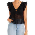 AQUA Crochet Flutter Sleeve Top Women's M Black V-Neck Keyhole O-Ring Detail