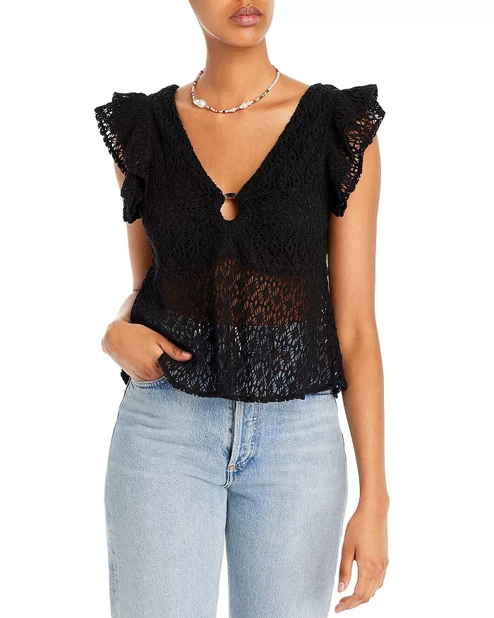 AQUA Crochet Flutter Sleeve Top Women's M Black V-Neck Keyhole O-Ring Detail