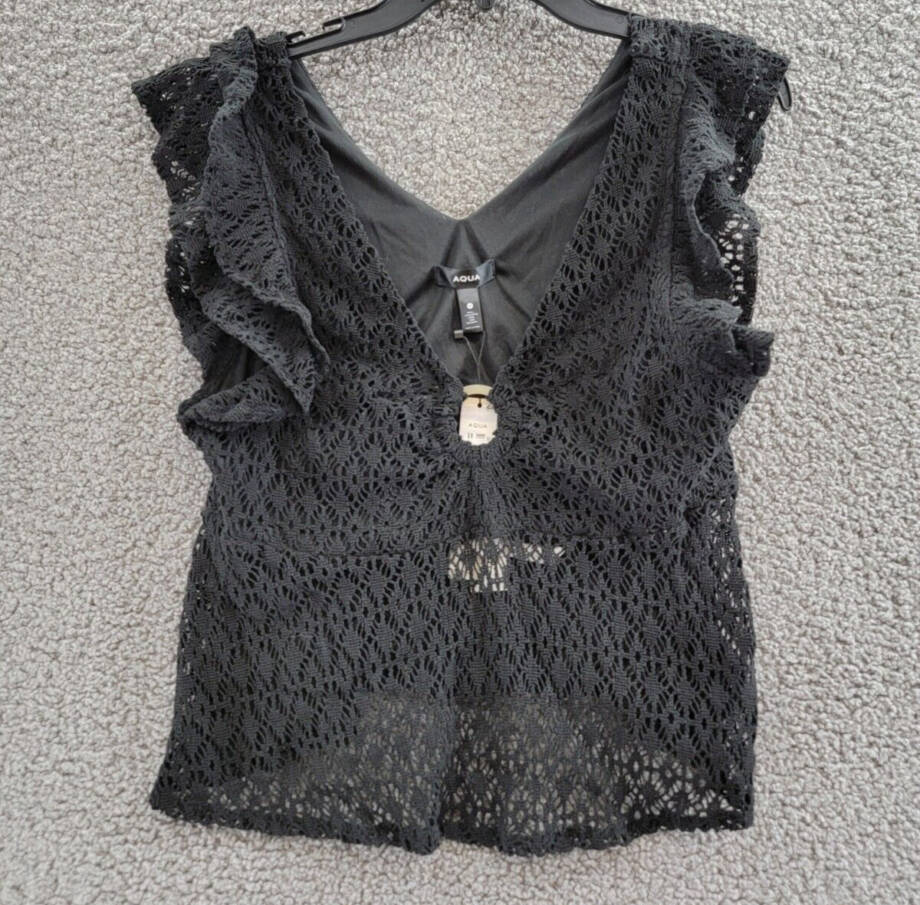 AQUA Crochet Flutter Sleeve Top Women's M Black V-Neck Keyhole O-Ring Detail