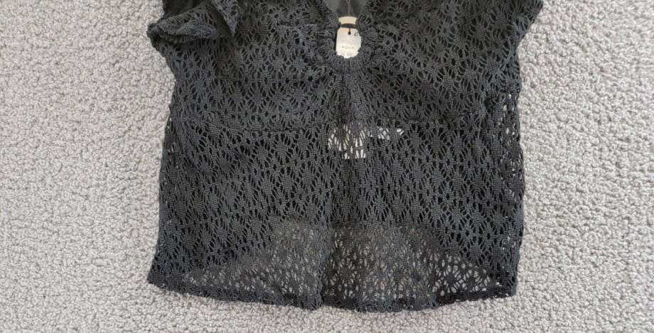 AQUA Crochet Flutter Sleeve Top Women's M Black V-Neck Keyhole O-Ring Detail