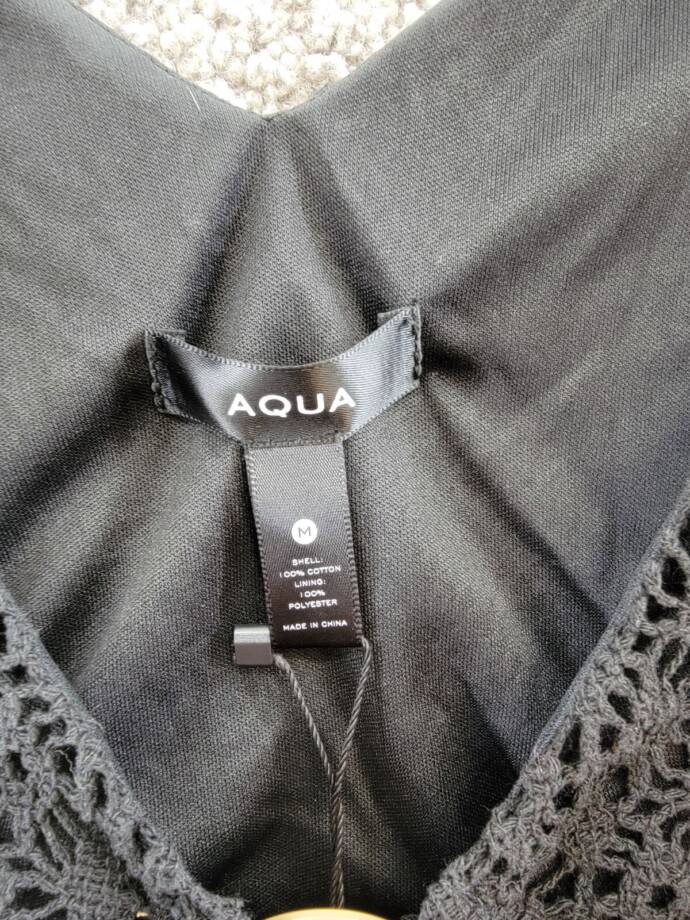 AQUA Crochet Flutter Sleeve Top Women's M Black V-Neck Keyhole O-Ring Detail