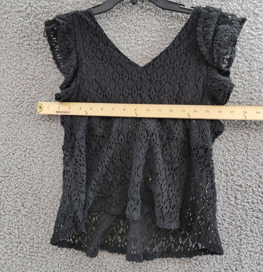 AQUA Crochet Flutter Sleeve Top Women's M Black V-Neck Keyhole O-Ring Detail