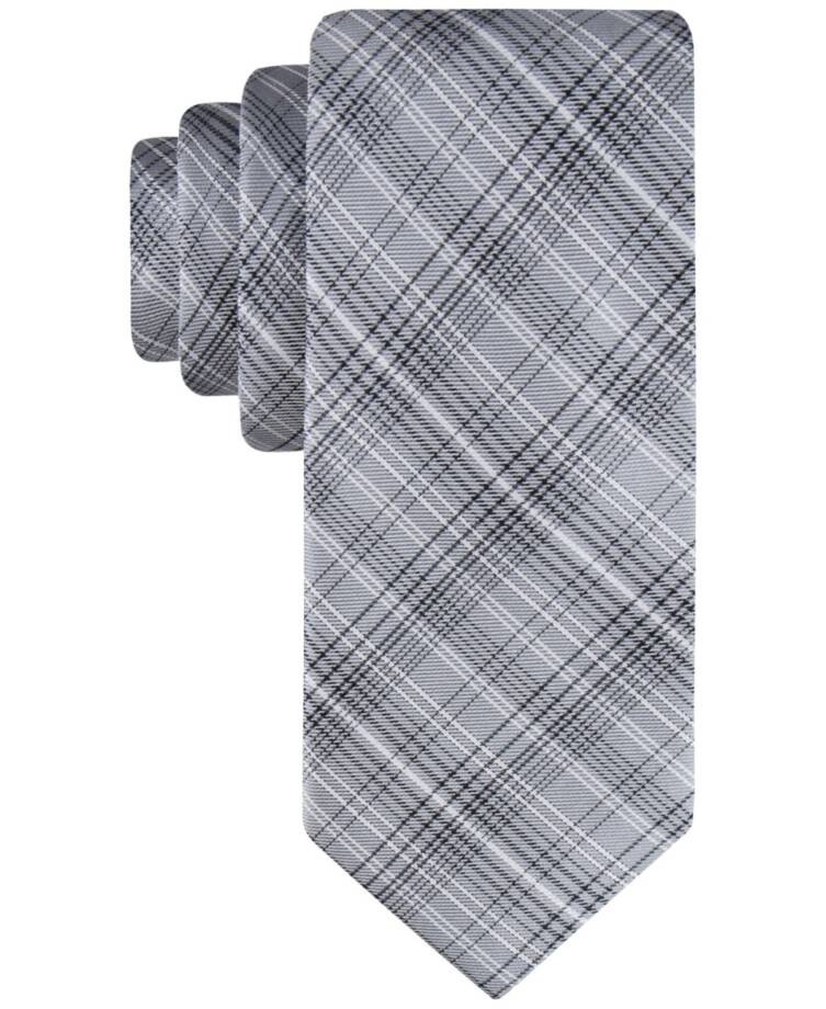 Calvin Klein Silk Blend Fine Wire Plaid Tie Men's Gray Adjustable~