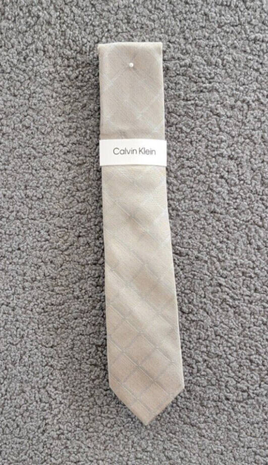 Calvin Klein Silk Blend Heather Windowpane Grid Tie Men's Taupe Adjustable~