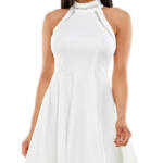 B Darlin Halter-Neck Scuba-Crepe A-Line Dress Juniors 1/2 White Zip Button Back