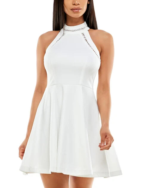 B Darlin Halter-Neck Scuba-Crepe A-Line Dress Juniors 1/2 White Zip Button Back
