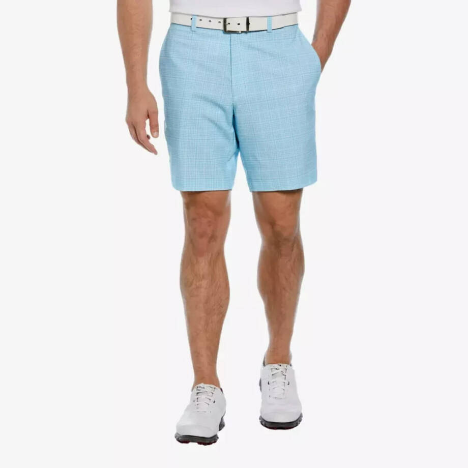 PGA TOUR Check Print Performance 8" Golf Shorts Men's 32 Light Blue Button Zip