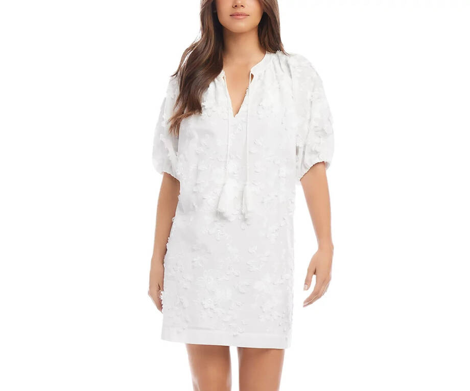 Karen Kane Embroidered Tasseled Shift Dress Women's M Off White Elbow Sleeve