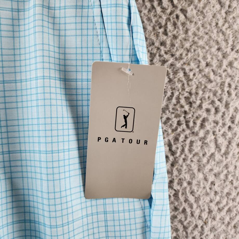 PGA TOUR Check Print Performance 8" Golf Shorts Men's 32 Light Blue Button Zip