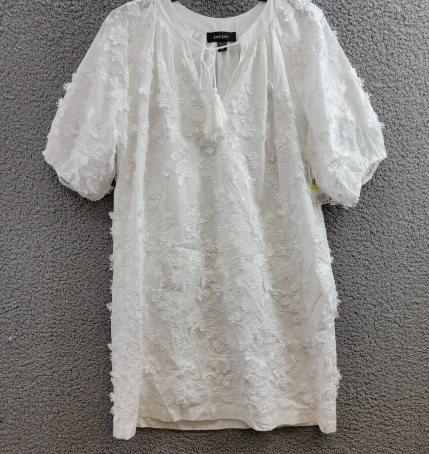 Karen Kane Embroidered Tasseled Shift Dress Women's M Off White Elbow Sleeve