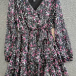 Aqua Printed Wrap Dress Girls' M (9/10) Black Multi Surplice Neck Long Sleeves