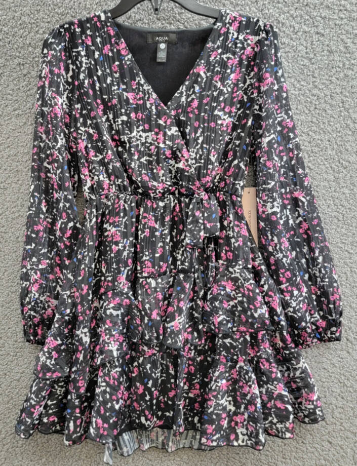 Aqua Printed Wrap Dress Girls' M (9/10) Black Multi Surplice Neck Long Sleeves