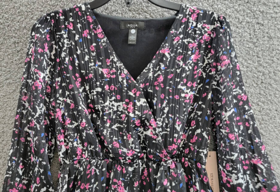 Aqua Printed Wrap Dress Girls' M (9/10) Black Multi Surplice Neck Long Sleeves