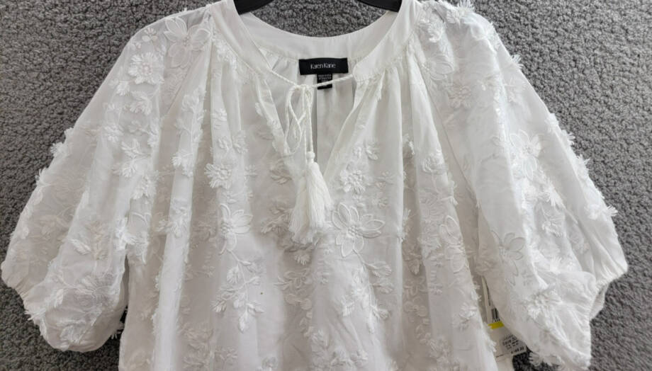 Karen Kane Embroidered Tasseled Shift Dress Women's M Off White Elbow Sleeve