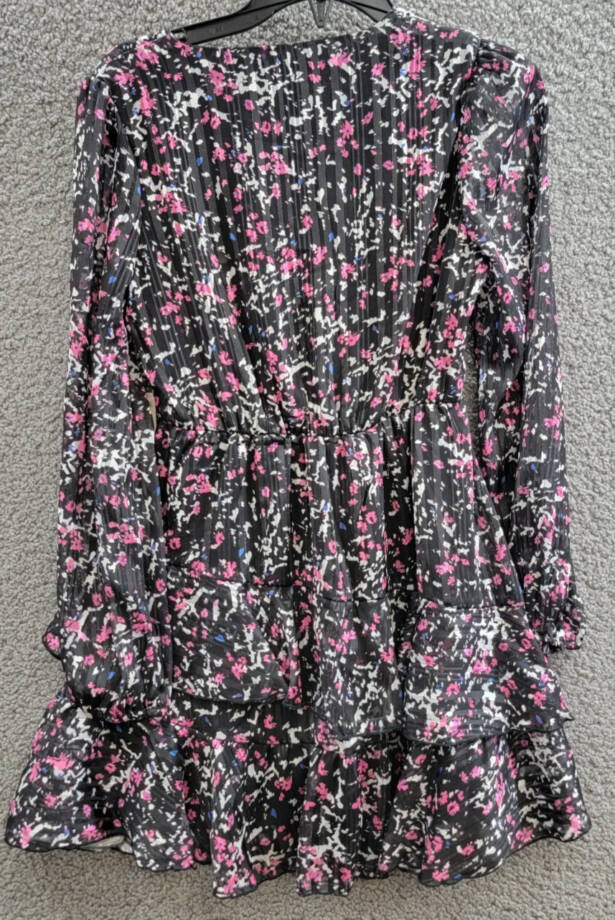 Aqua Printed Wrap Dress Girls' M (9/10) Black Multi Surplice Neck Long Sleeves