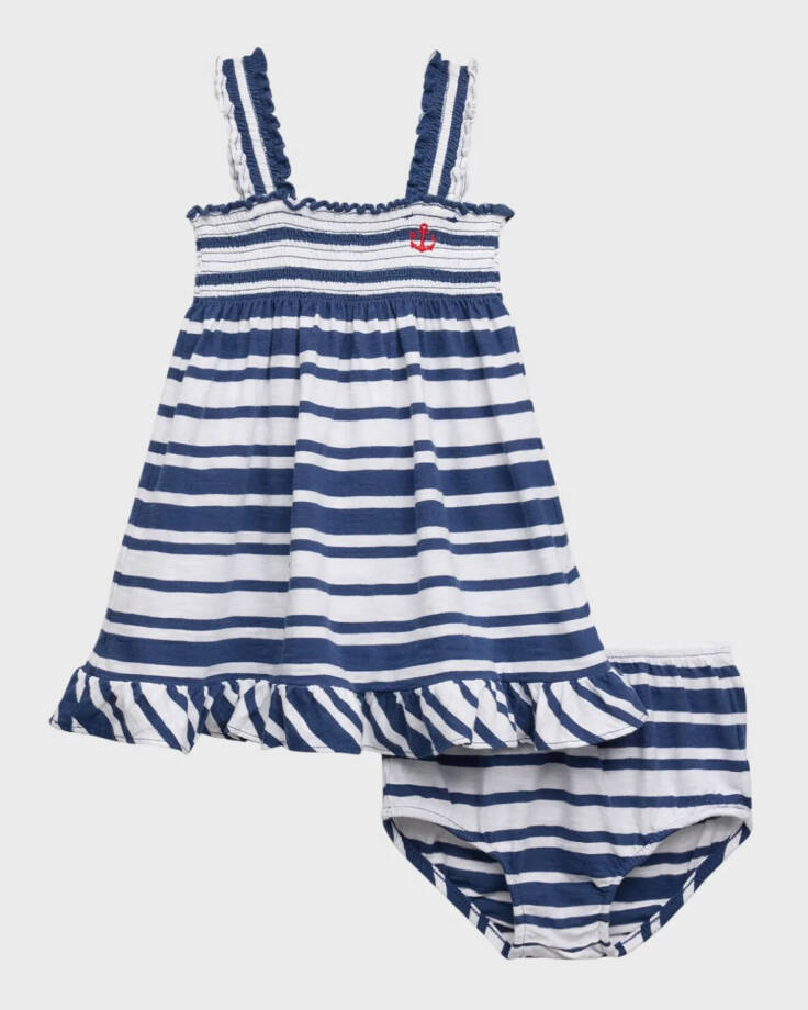 Ralph Lauren Nautical-Inspired Smocked Dress W/ Bloomers Girl's 3M Navy 2pc.