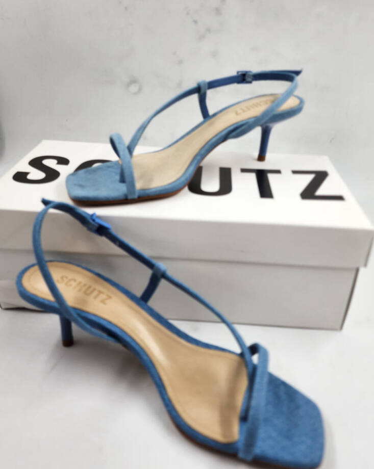 Schutz Heloise Denim Sandals Women's 6B Blue Open Square Toe Buckle Closure