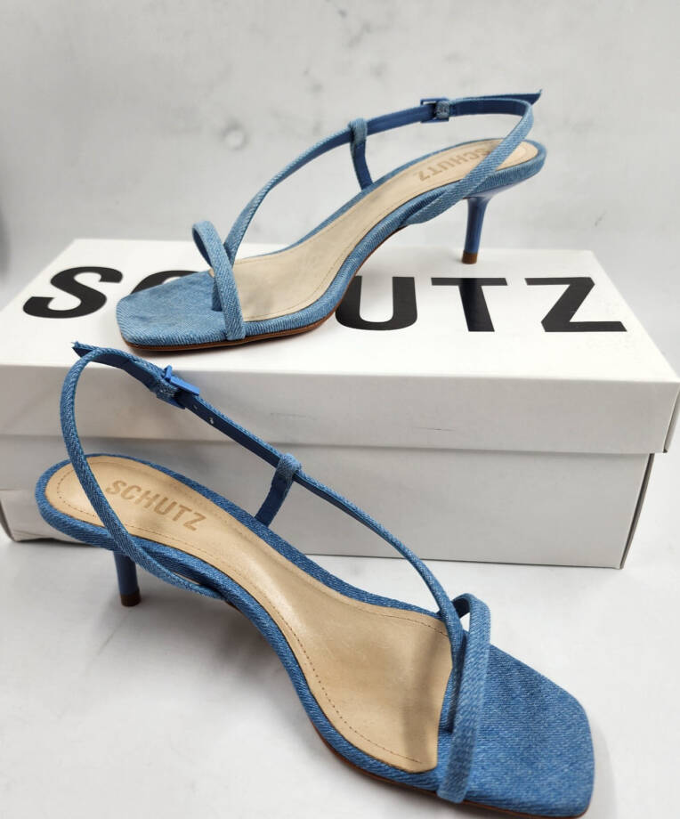 Schutz Heloise Denim Sandals Women's 6B Blue Open Square Toe Buckle Closure
