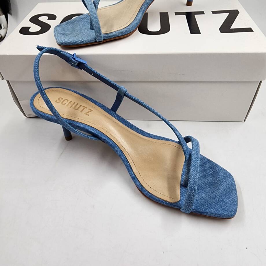 Schutz Heloise Denim Sandals Women's 6B Blue Open Square Toe Buckle Closure