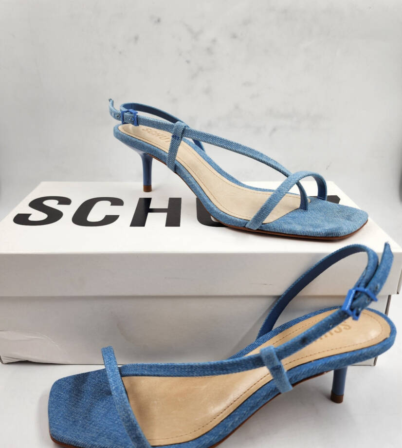 Schutz Heloise Denim Sandals Women's 6B Blue Open Square Toe Buckle Closure