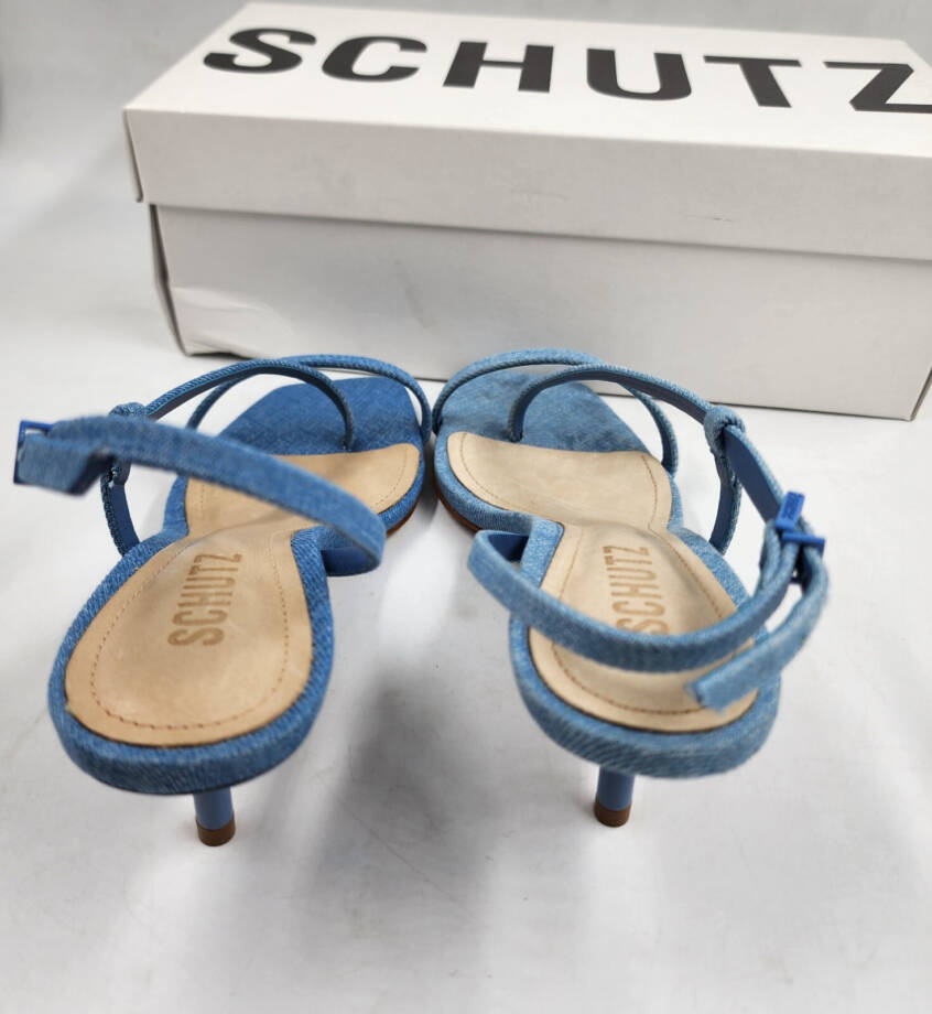 Schutz Heloise Denim Sandals Women's 6B Blue Open Square Toe Buckle Closure