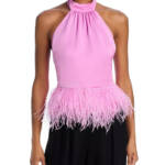 Ramy Brook Faux Feather Trim Halter Top Women's S Pink Rose Tie Hook & Eye Back