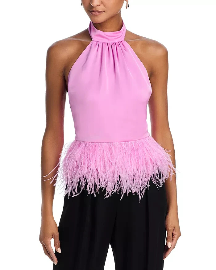 Ramy Brook Faux Feather Trim Halter Top Women's S Pink Rose Tie Hook & Eye Back